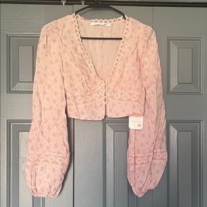 Altar'd State Blush Pink Lace-Trim Cropped Blouse
